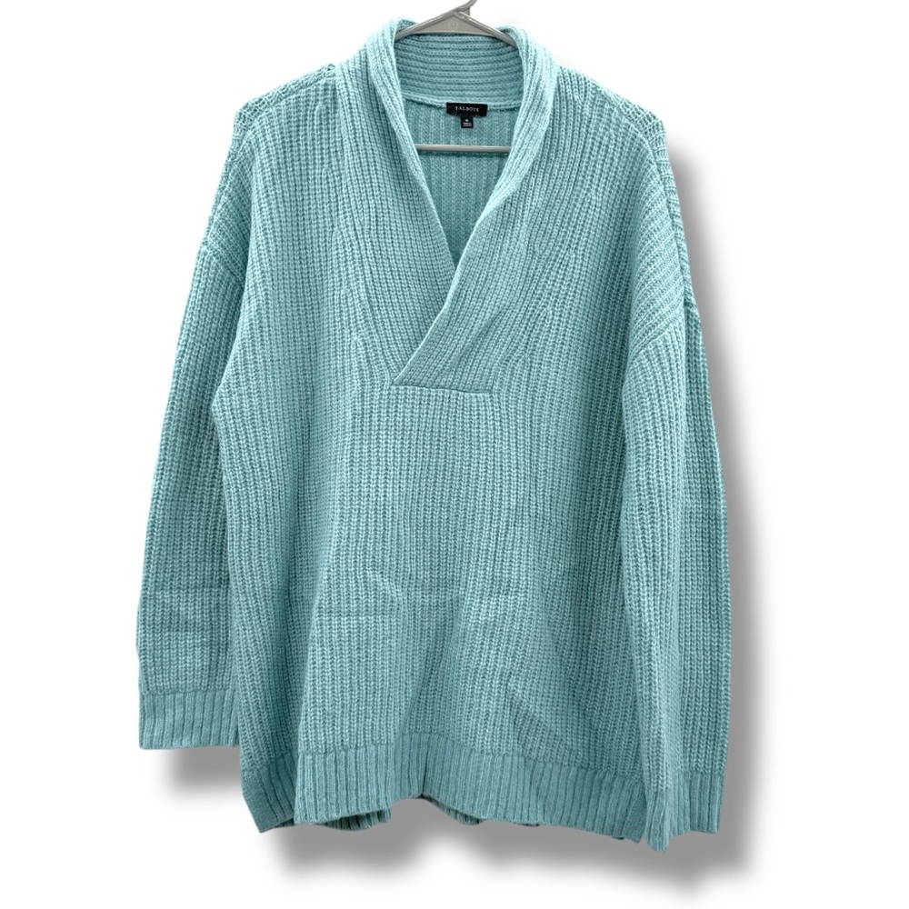 Talbots Blue‎ Wool Blend Shawl Collar Sweater Women’s Size Medium Cozy Classic